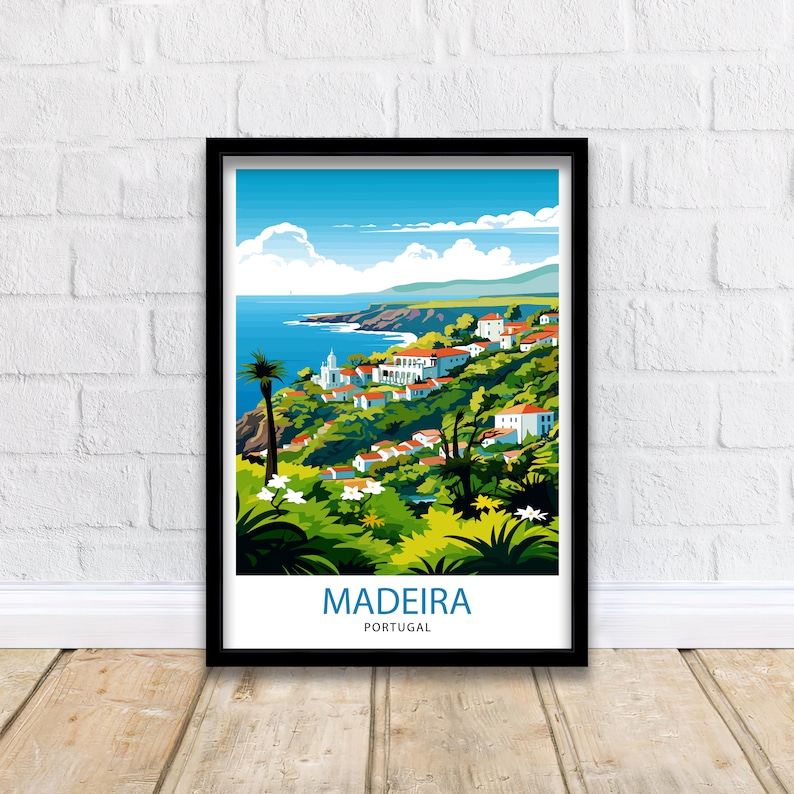 May include: A colourful illustration of a town on a hillside overlooking the ocean. The town is surrounded by lush green vegetation and the sky is blue with white clouds. The text "MADEIRA PORTUGAL" is at the bottom of the image.