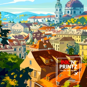 May include: A colorful illustration of a cityscape with a church in the background. The illustration is in a cartoon style and features a variety of buildings, trees, and a blue sky. The text "INK'N' PRINTZ TRAVEL ART PRINTS" is in the lower right corner of the image.
