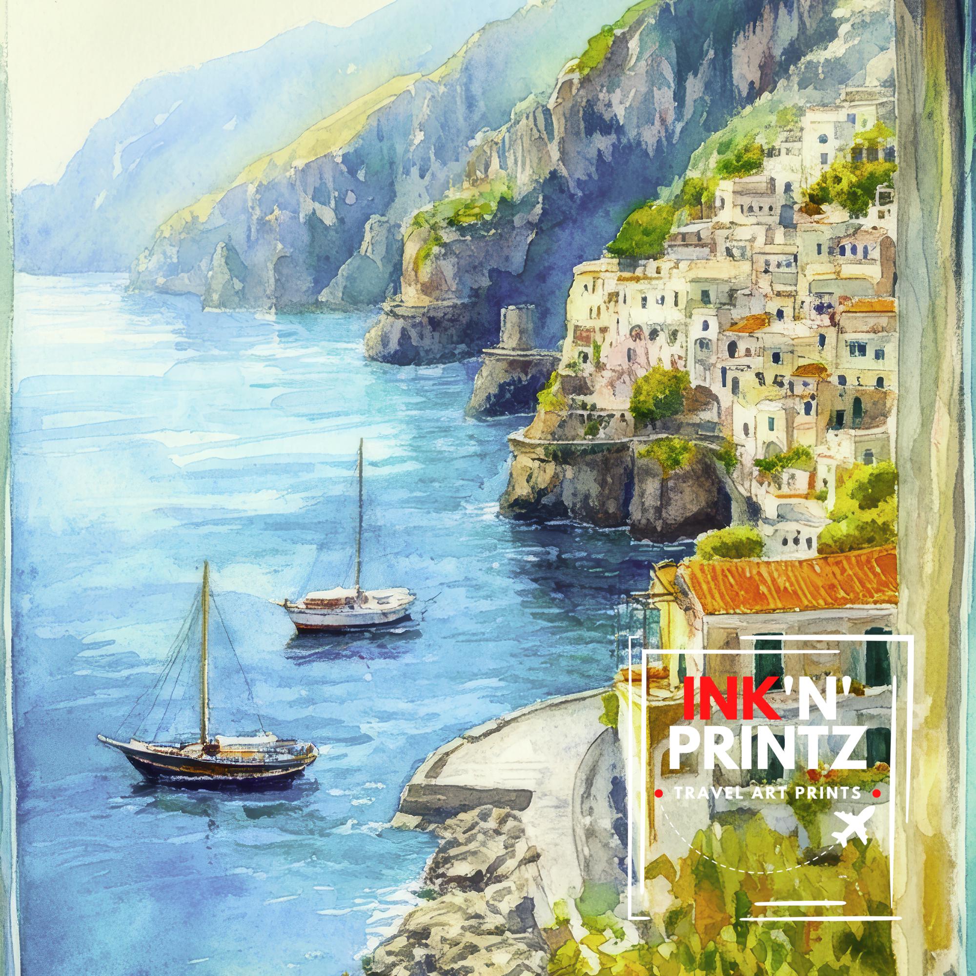 Amalfi Coast Watercolor Painting Poster Italy Wall Art Mediterranean ...