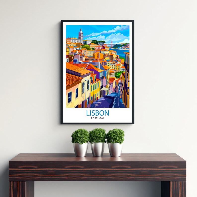 May include: A colorful illustration of Lisbon, Portugal, with a view of the city's rooftops and the 25 de Abril Bridge in the distance. The text "LISBON PORTUGAL" is at the bottom of the image.
