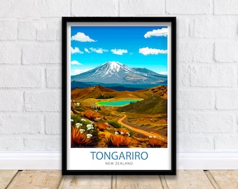 May include: A colorful illustration of Mount Tongariro in New Zealand. The mountain is snow-capped and surrounded by green hills and a blue lake. The text "Tongariro" and "New Zealand" is at the bottom of the image.