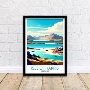 May include: A colorful illustration of a landscape with a body of water and mountains in the background. The text "ISLE OF HARRIS SCOTLAND" is at the bottom of the image.
