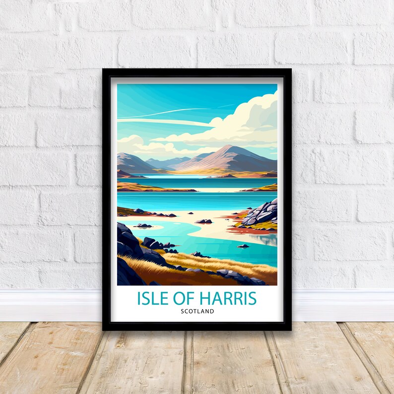 May include: A colorful illustration of a landscape with a body of water and mountains in the background. The text "ISLE OF HARRIS SCOTLAND" is at the bottom of the image.