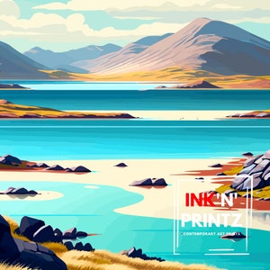 May include: A digital painting of a landscape with a blue lake and mountains in the background. The lake is surrounded by green grass and rocks. The sky is blue with white clouds. The text "INK'N' PRINTZ CONTEMPORARY ART PRINTS" is in the lower right corner of the image.