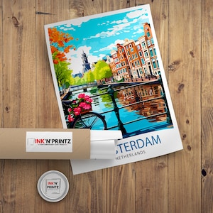 May include: A colorful illustration of Amsterdam, Netherlands, featuring a canal with a bridge and boats, and buildings with red tile roofs. The text "Amsterdam, Netherlands" is printed at the bottom of the image.