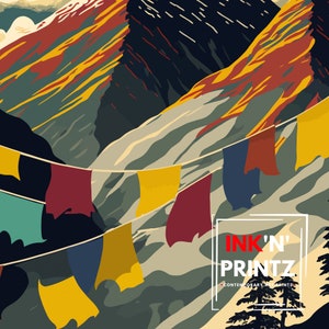 May include: A colorful mountain landscape with prayer flags hanging between the peaks. The flags are yellow, red, blue, and green. The text "INK'N' PRINTZ CONTEMPORARY ART PRINTS" is at the bottom of the image.