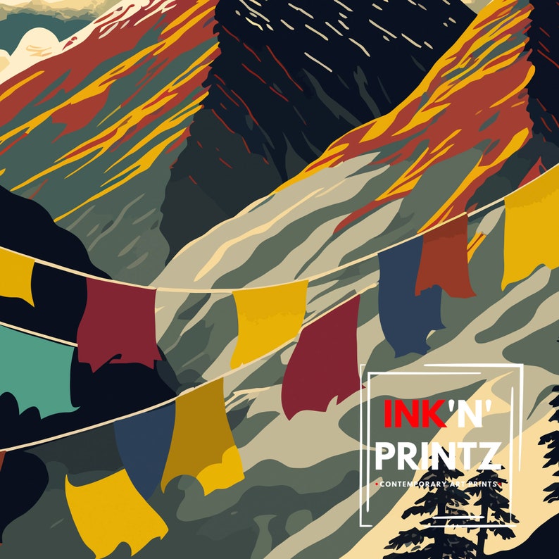 May include: A colorful mountain landscape with prayer flags hanging between the peaks. The flags are yellow, red, blue, and green. The text "INK'N' PRINTZ CONTEMPORARY ART PRINTS" is at the bottom of the image.
