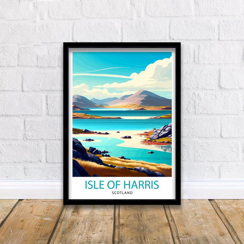 May include: A colorful illustration of a landscape with a body of water and mountains in the background. The text "ISLE OF HARRIS SCOTLAND" is at the bottom of the image.
