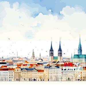 Peut inclure: Une peinture &agrave; l'aquarelle d'une ville avec des b&acirc;timents hauts et un ciel bleu. Les b&acirc;timents sont principalement blancs et gris, avec quelques accents rouges et bruns. Des oiseaux volent dans le ciel. Le texte "INK'N' PRINTZ TRAVEL ART PRINTS" est dans le coin inf&eacute;rieur droit de l'image.