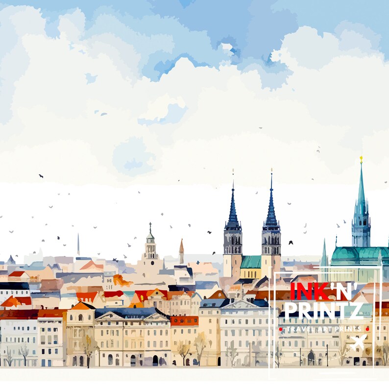 Peut inclure: Une peinture &agrave; l'aquarelle d'une ville avec des b&acirc;timents hauts et un ciel bleu. Les b&acirc;timents sont principalement blancs et gris, avec quelques accents rouges et bruns. Des oiseaux volent dans le ciel. Le texte "INK'N' PRINTZ TRAVEL ART PRINTS" est dans le coin inf&eacute;rieur droit de l'image.