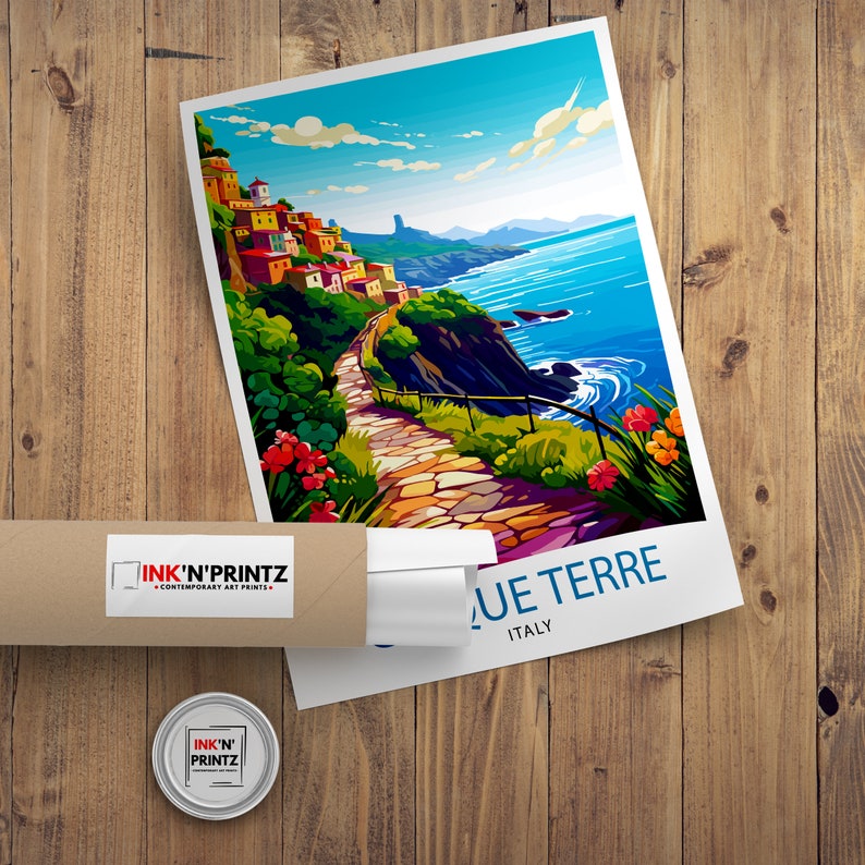 May include: A colorful illustration of a coastal town in Italy called Cinque Terre. The image features a winding path leading to a village with colorful buildings, a blue ocean, and green hills. The text "Cinque Terre" and "Italy" is printed at the bottom of the image.