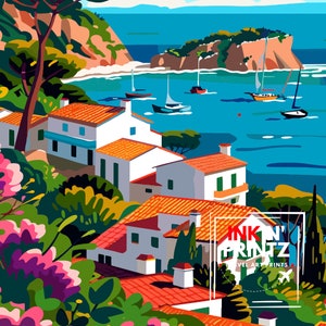 May include: A colorful illustration of a coastal town with white houses with red tile roofs, green trees, and a blue ocean with sailboats. The text "INK'N'PRINTZ TRAVEL ART PRINTS" is in the lower right corner of the image.