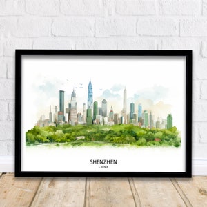 Shenzhen China Print  Modern Cityscape Art Futuristic Skyline Poster Chinese Metropolis Wall Decor Urban Landscape Illustration Asian City