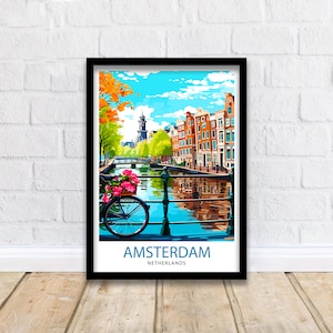 May include: A colorful illustration of a canal in Amsterdam, Netherlands. The image features a bicycle with pink flowers in the basket, a bridge, and traditional Dutch buildings. The text "AMSTERDAM NETHERLANDS" is at the bottom of the image.