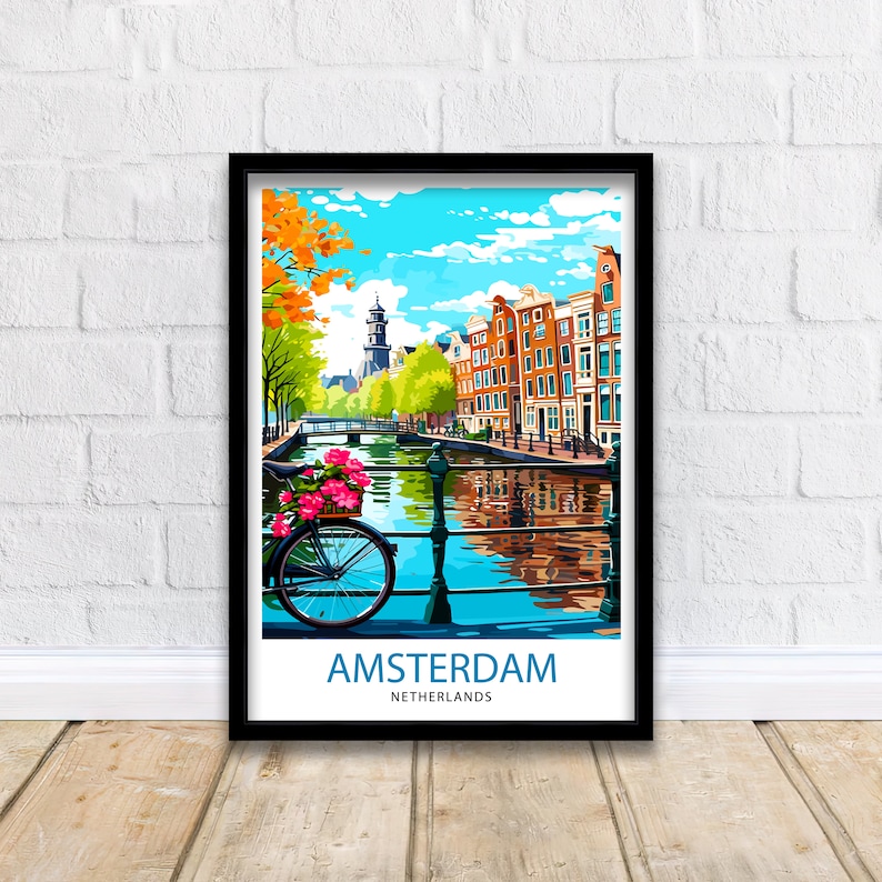 May include: A colorful illustration of a canal in Amsterdam, Netherlands. The image features a bicycle with pink flowers in the basket, a bridge, and traditional Dutch buildings. The text "AMSTERDAM NETHERLANDS" is at the bottom of the image.