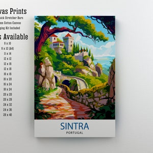 May include: A canvas print of a colorful painting depicting a winding road leading to a castle in Sintra, Portugal. The print is available in various sizes, from 8x10 inches to 28x40 inches.
