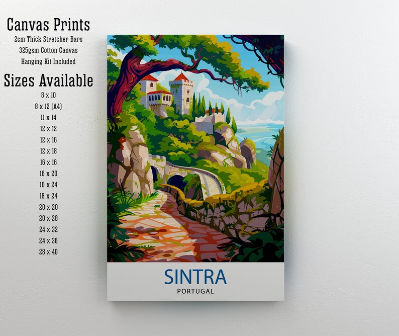May include: A canvas print of a colorful painting depicting a winding road leading to a castle in Sintra, Portugal. The print is available in various sizes, from 8x10 inches to 28x40 inches.