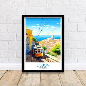 May include: A vintage travel poster featuring a yellow tram traveling up a hill in Lisbon, Portugal. The tram is in the foreground, with the city and the ocean in the background. The poster has the text "LISBON PORTUGAL" at the bottom.