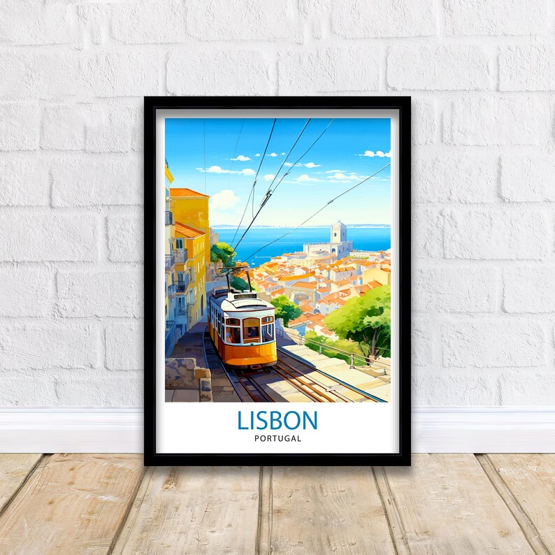 May include: A vintage travel poster featuring a yellow tram traveling up a hill in Lisbon, Portugal. The tram is in the foreground, with the city and the ocean in the background. The poster has the text "LISBON PORTUGAL" at the bottom.