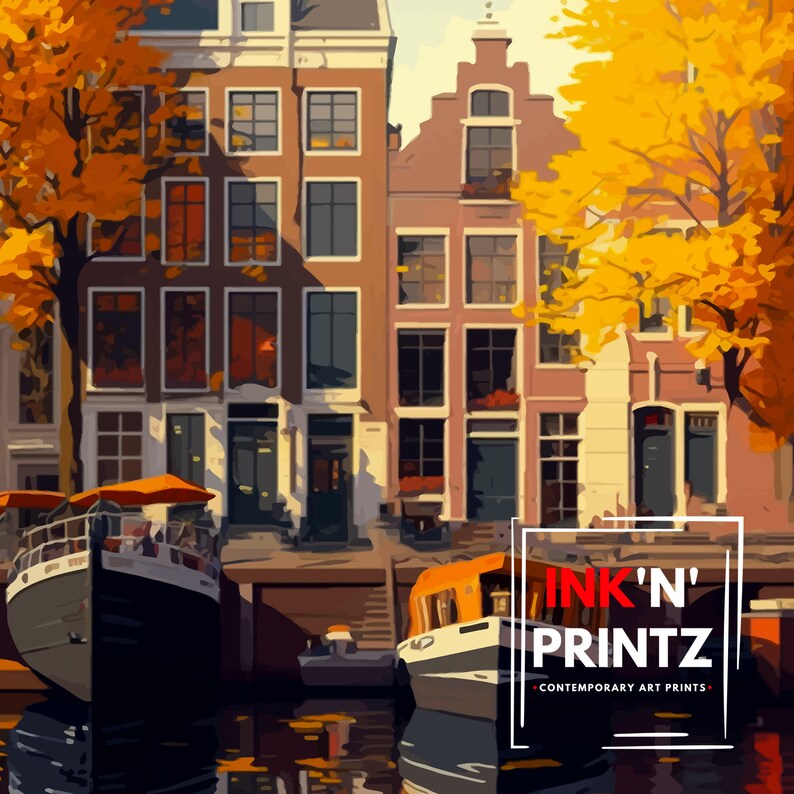 May include: A painting of a canal scene in Amsterdam, Netherlands. The canal is lined with colorful brick buildings and trees with yellow leaves. Two boats are docked on the canal. The text "INK'N' PRINTZ CONTEMPORARY ART PRINTS" is in the lower right corner of the painting.