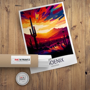 May include: A colourful abstract art print of a desert landscape with a sunset sky and a large cactus in the foreground. The print has the text "PHOENIX ARIZONA" at the bottom.