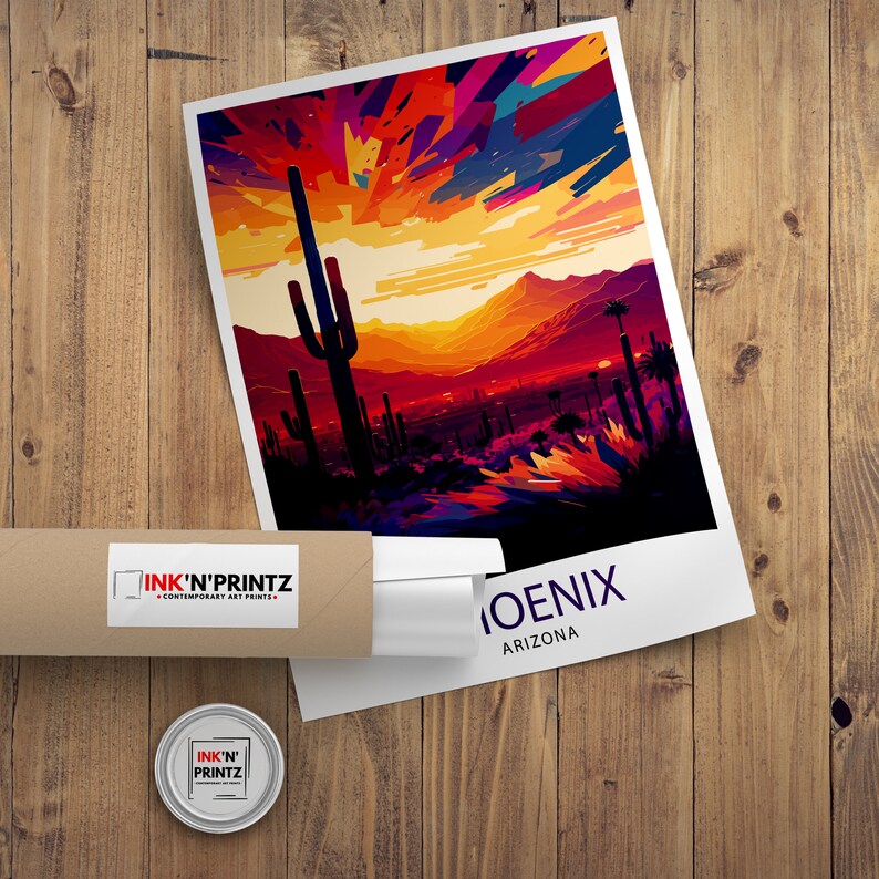 May include: A colourful abstract art print of a desert landscape with a sunset sky and a large cactus in the foreground. The print has the text "PHOENIX ARIZONA" at the bottom.
