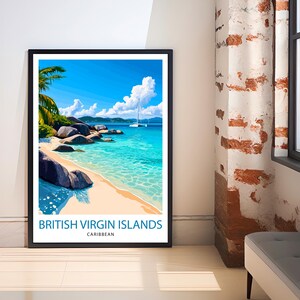 May include: A colorful illustration of a tropical beach scene with turquoise water, white sand, and large rocks. A sailboat is anchored in the distance. The text "BRITISH VIRGIN ISLANDS CARIBBEAN" is at the bottom of the image.
