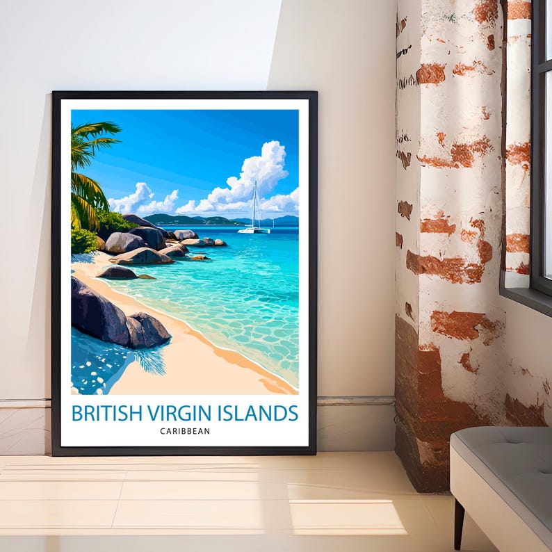 May include: A colorful illustration of a tropical beach scene with turquoise water, white sand, and large rocks. A sailboat is anchored in the distance. The text "BRITISH VIRGIN ISLANDS CARIBBEAN" is at the bottom of the image.