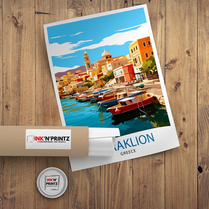 May include: A colorful illustration of a harbor scene in Heraklion, Greece. The image features a row of colorful boats docked in a harbor with a cityscape in the background. The text "Heraklion, Greece" is printed at the bottom of the image.
