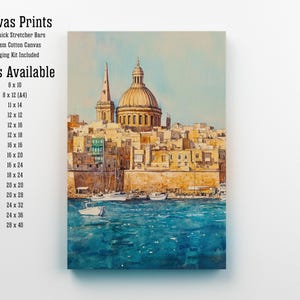 May include: A canvas print of a watercolor painting depicting a coastal city with a large domed building and a tall spire. The artwork features a blue sea and a light blue sky. The text "Canvas Prints" and size options are listed on the left.