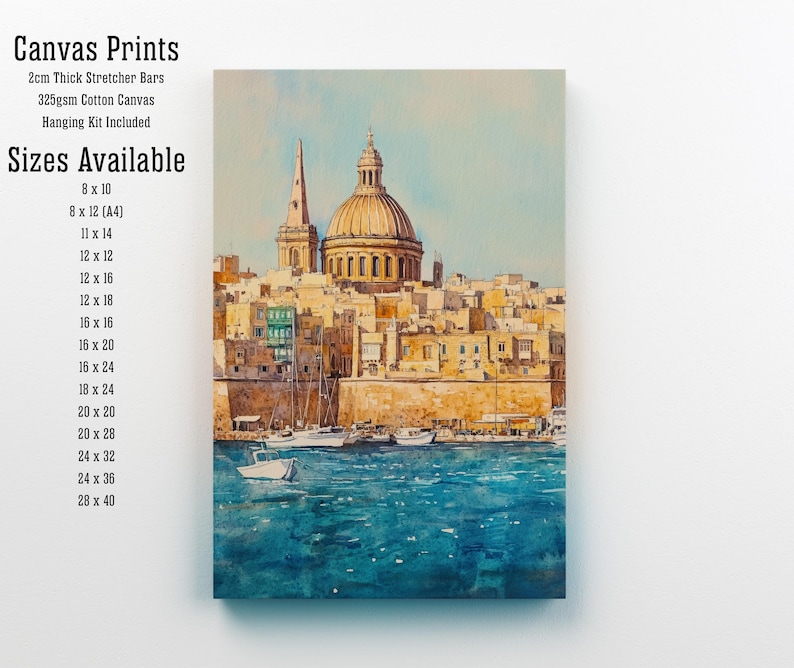 May include: A canvas print of a watercolor painting depicting a coastal city with a large domed building and a tall spire. The artwork features a blue sea and a light blue sky. The text "Canvas Prints" and size options are listed on the left.