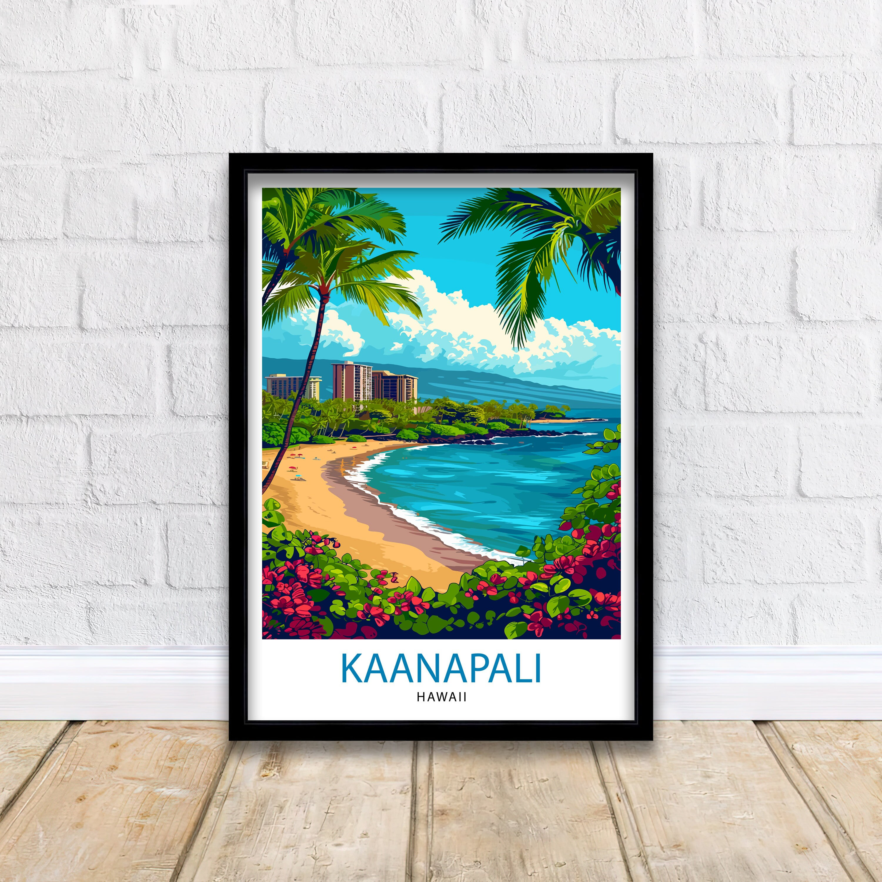 Kaanapali Beach Travel Print  Hawaii Wall Art Maui Island Decor Kaanapali Beach Illustration Travel Poster Gift Beach House Decor