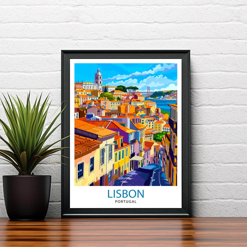 May include: A colorful illustration of Lisbon, Portugal, with a view of the city's rooftops and the Tagus River. The illustration features a bright blue sky, white clouds, and a red bridge in the distance. The text "LISBON" and "PORTUGAL" is printed below the image.