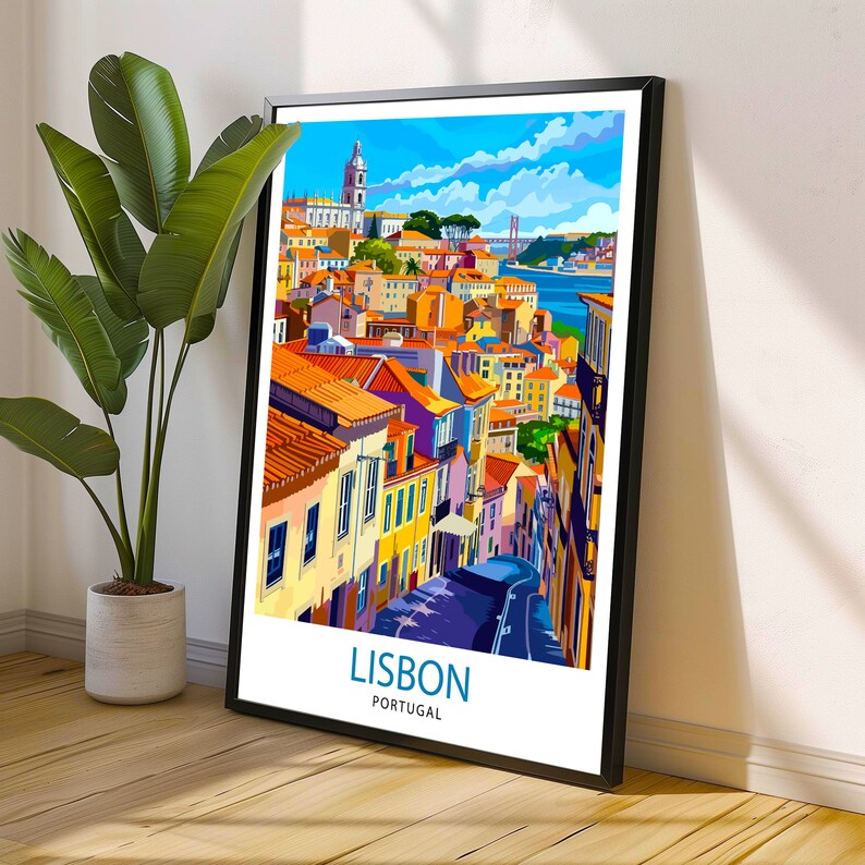 May include: A colorful illustration of Lisbon, Portugal, with a view of the city's rooftops and a bridge in the distance. The text "LISBON PORTUGAL" is at the bottom of the image.