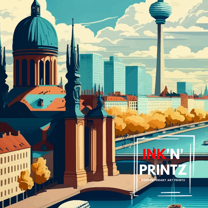 May include: A colorful illustration of a cityscape with a church, a tall tower, and a river. The illustration is in a retro style with bold colors and simple lines. The text "INK'N' PRINTZ CONTEMPORARY ART PRINTS" is in the lower right corner.