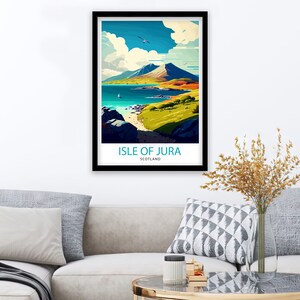 May include: A vintage travel poster design featuring a scenic view of the Isle of Jura in Scotland. The poster features a green hillside, a blue bay, a white sailboat, and a mountain in the background. The text "Isle of Jura, Scotland" is printed at the bottom of the poster.