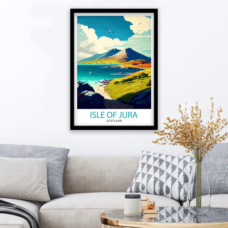 May include: A vintage travel poster design featuring a scenic view of the Isle of Jura in Scotland. The poster features a green hillside, a blue bay, a white sailboat, and a mountain in the background. The text "Isle of Jura, Scotland" is printed at the bottom of the poster.