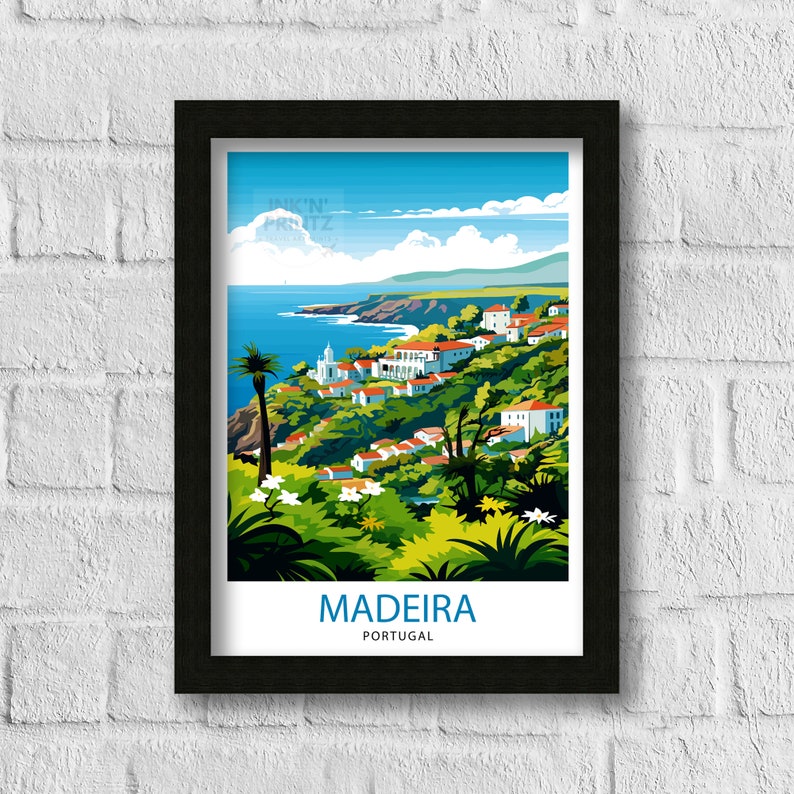 May include: A colourful illustration of a town on a hillside overlooking the ocean. The town is surrounded by lush green trees and the ocean is a bright blue. The sky is a light blue with white clouds. The text "MADEIRA PORTUGAL" is at the bottom of the image.