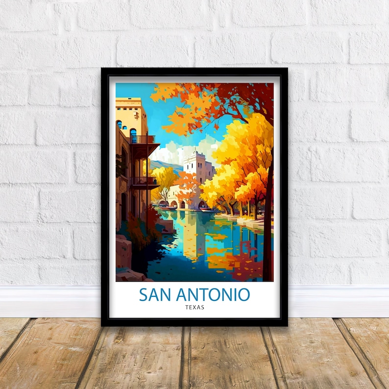 May include: A vintage travel poster featuring a colorful illustration of a river scene in San Antonio, Texas. The poster features a river with buildings and trees on either side, with a blue sky and yellow, orange, and red leaves on the trees. The text "SAN ANTONIO, TEXAS" is at the bottom of the poster.