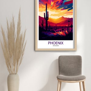 May include: A colourful abstract illustration of a desert landscape with a large cactus in the foreground. The text "PHOENIX ARIZONA" is at the bottom of the image.