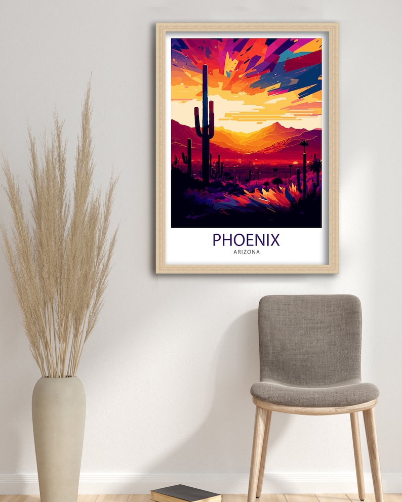 May include: A colourful abstract illustration of a desert landscape with a large cactus in the foreground. The text "PHOENIX ARIZONA" is at the bottom of the image.