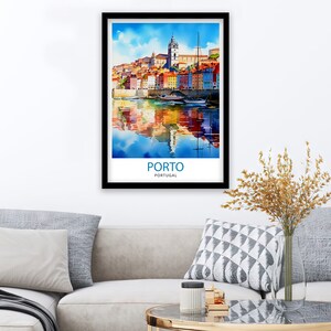 May include: A watercolor painting of the city of Porto, Portugal. The painting shows a cityscape with colorful buildings and a river with boats. The text "PORTO" and "PORTUGAL" is at the bottom of the painting.