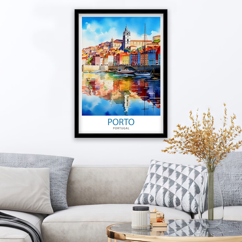 May include: A watercolor painting of the city of Porto, Portugal. The painting shows a cityscape with colorful buildings and a river with boats. The text "PORTO" and "PORTUGAL" is at the bottom of the painting.