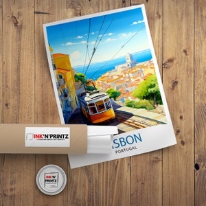 May include: A vintage travel poster featuring a yellow tram traveling up a hill in Lisbon, Portugal. The poster has a blue sky with white clouds and a view of the city and the ocean in the background. The text on the poster reads "Lisbon, Portugal".
