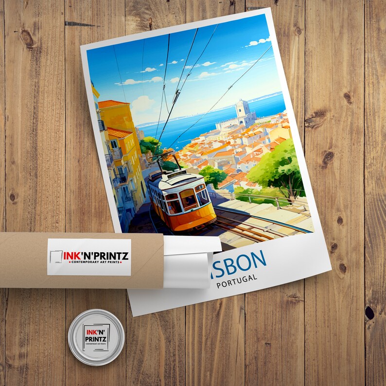 May include: A vintage travel poster featuring a yellow tram traveling up a hill in Lisbon, Portugal. The poster has a blue sky with white clouds and a view of the city and the ocean in the background. The text on the poster reads "Lisbon, Portugal".