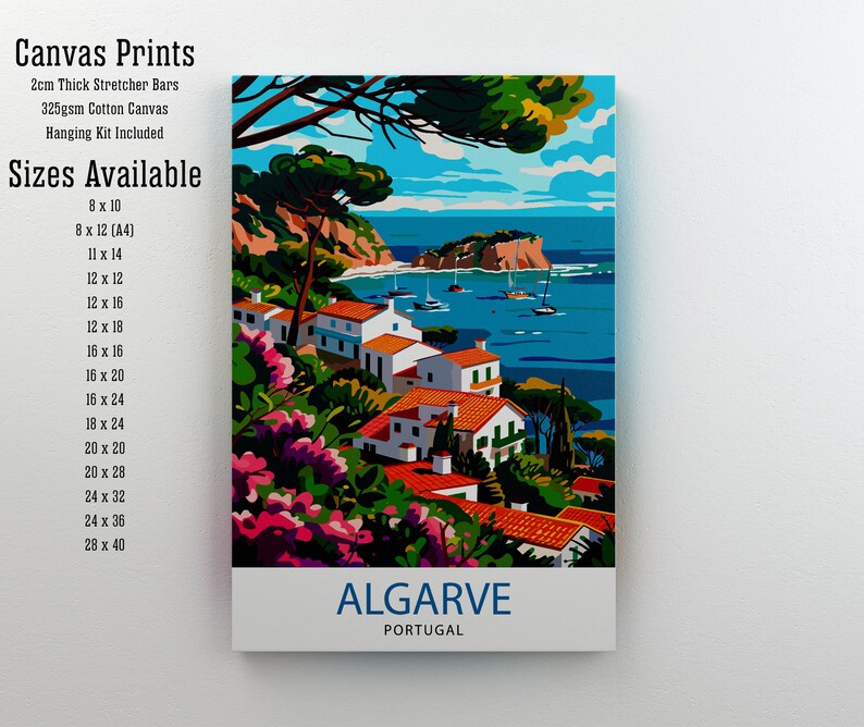 May include: Canvas print of a colorful landscape with white houses, red tile roofs, and green trees. The scene is overlooking a blue ocean with boats and a rocky island. The text "ALGARVE PORTUGAL" is at the bottom of the print.