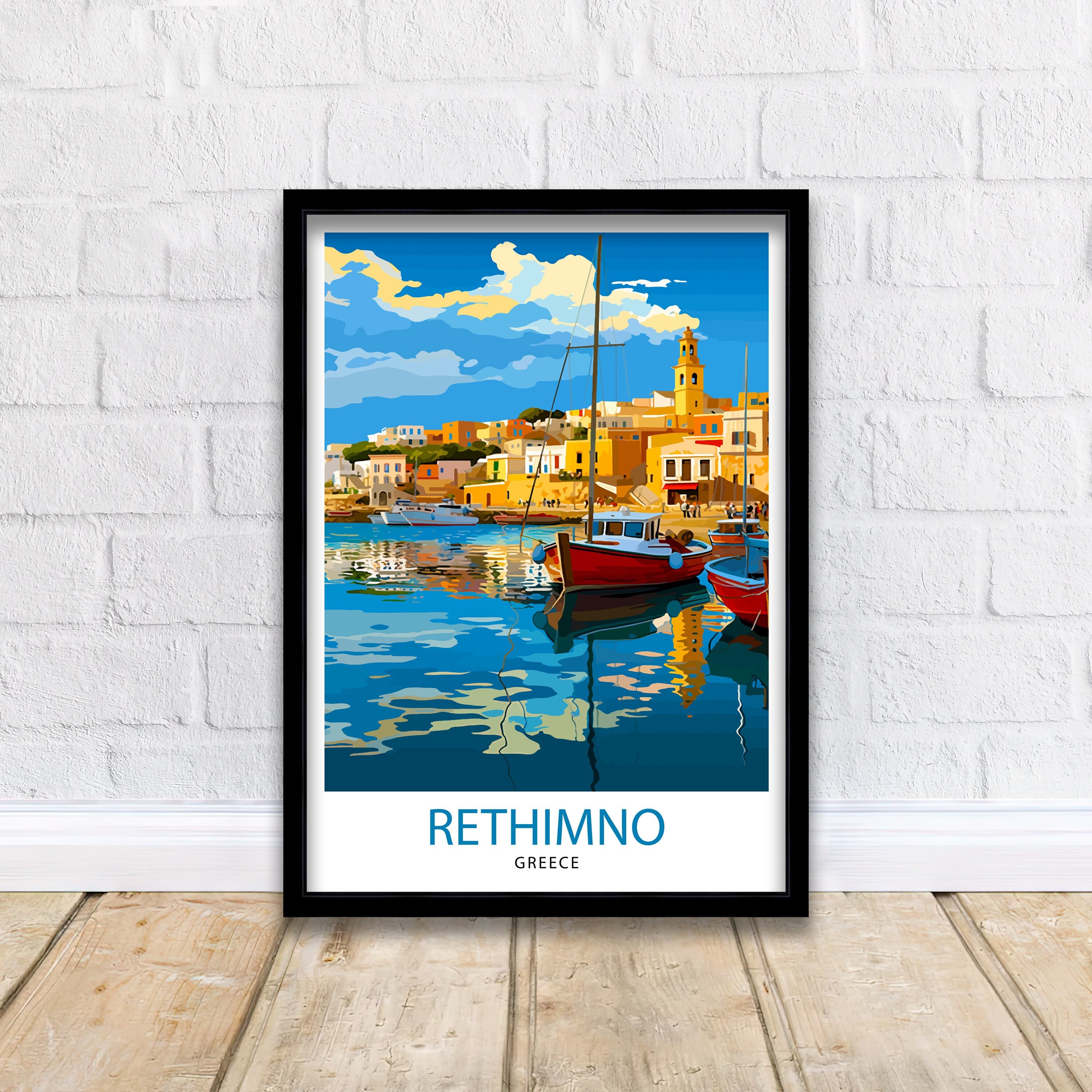 Rethymno Crete Print  Greek Island Art Venetian Harbor Poster Mediterranean Landscape Wall Decor Crete Town Illustration Greek Culture