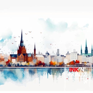 May include: Watercolor painting of a city skyline with a tall church building in the center. The buildings are painted in shades of blue, green, and brown. The sky is a light blue with white clouds. The water in the foreground is a light blue with reflections of the buildings. The text "INK'N' PRINTZ" is in the lower right corner of the image.