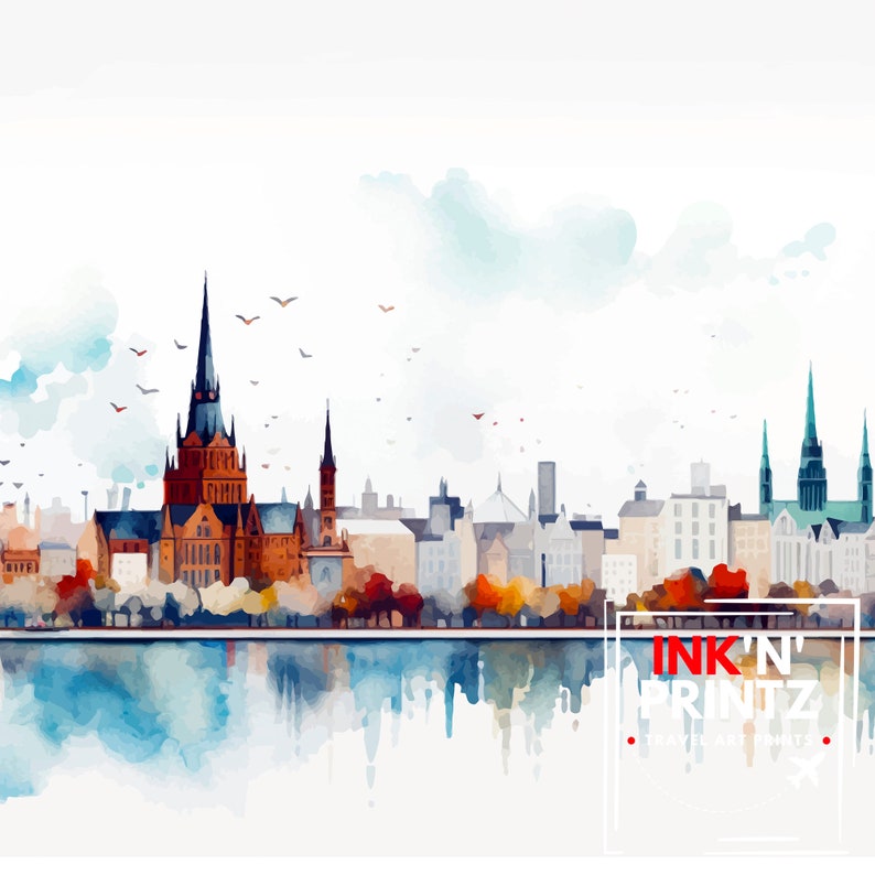May include: Watercolor painting of a city skyline with a tall church building in the center. The buildings are painted in shades of blue, green, and brown. The sky is a light blue with white clouds. The water in the foreground is a light blue with reflections of the buildings. The text "INK'N' PRINTZ" is in the lower right corner of the image.