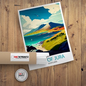 May include: A colorful illustration of the Isle of Jura in Scotland. The image features a green island with a mountain range, a blue bay, and a white sailboat. The text "OF JURA SCOTLAND" is printed at the bottom of the image.